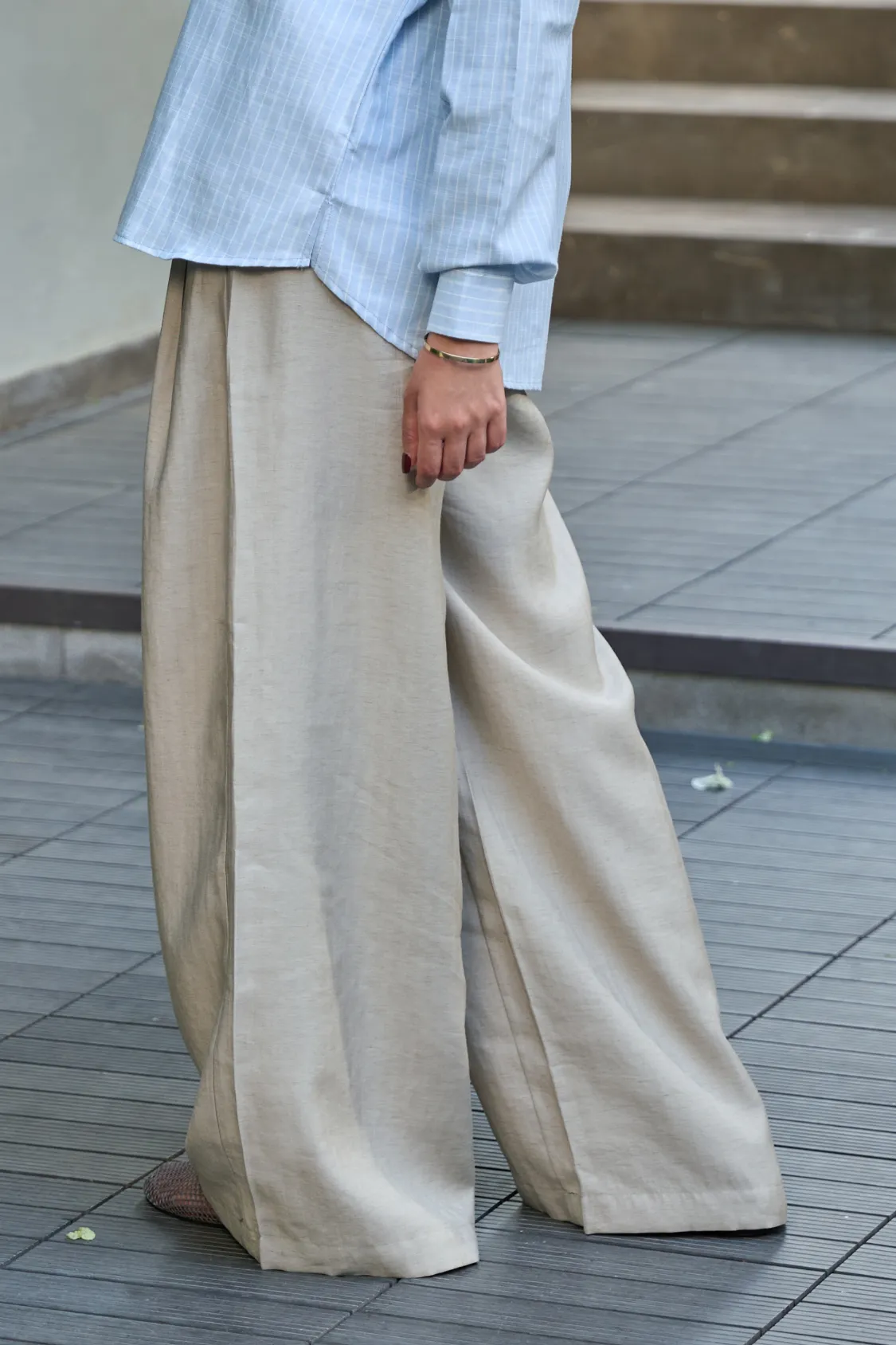 Brown Button Down Shirt - Beige Wide Linen Pants - Image 6