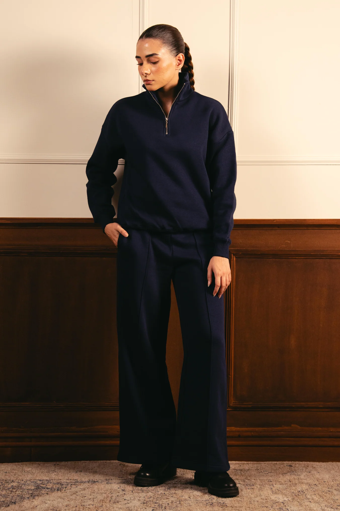 Women Classic Quarter Zip-up Sweatshirt - Navy Blue - Image 3