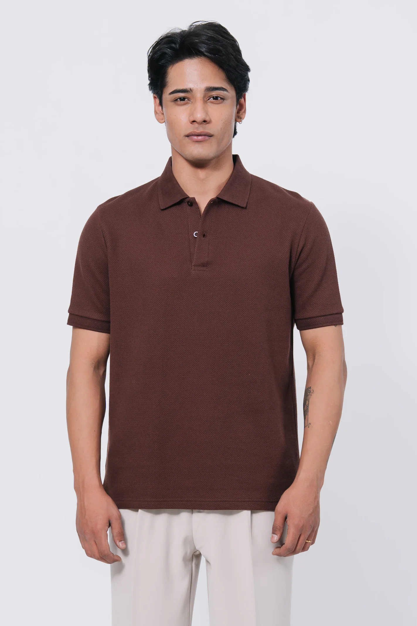 Diamond Texture Polo Shirt - Brown - Image 13