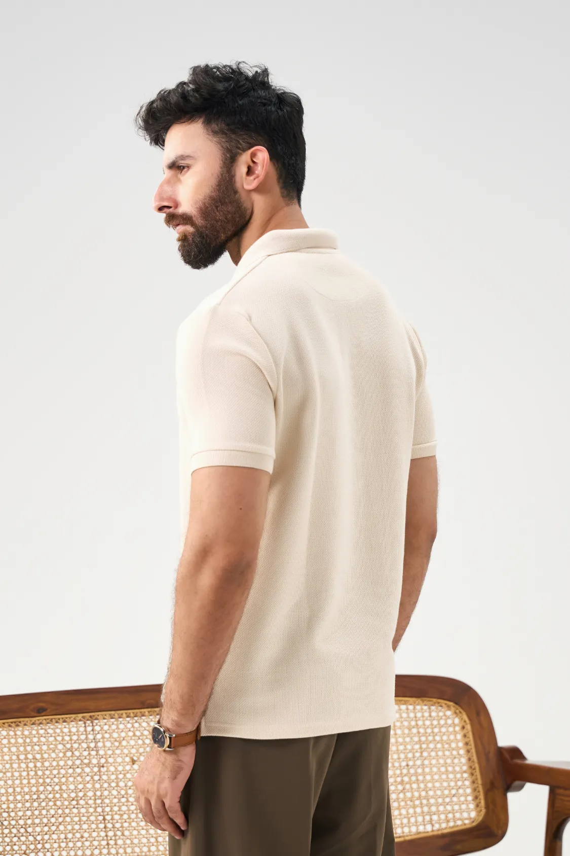 Diamond Texture Polo Shirt - Cream - Image 4