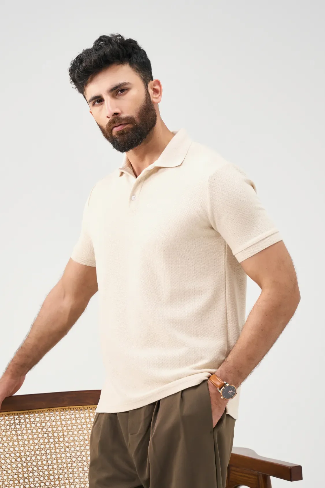 Diamond Texture Polo Shirt - Cream - Image 5