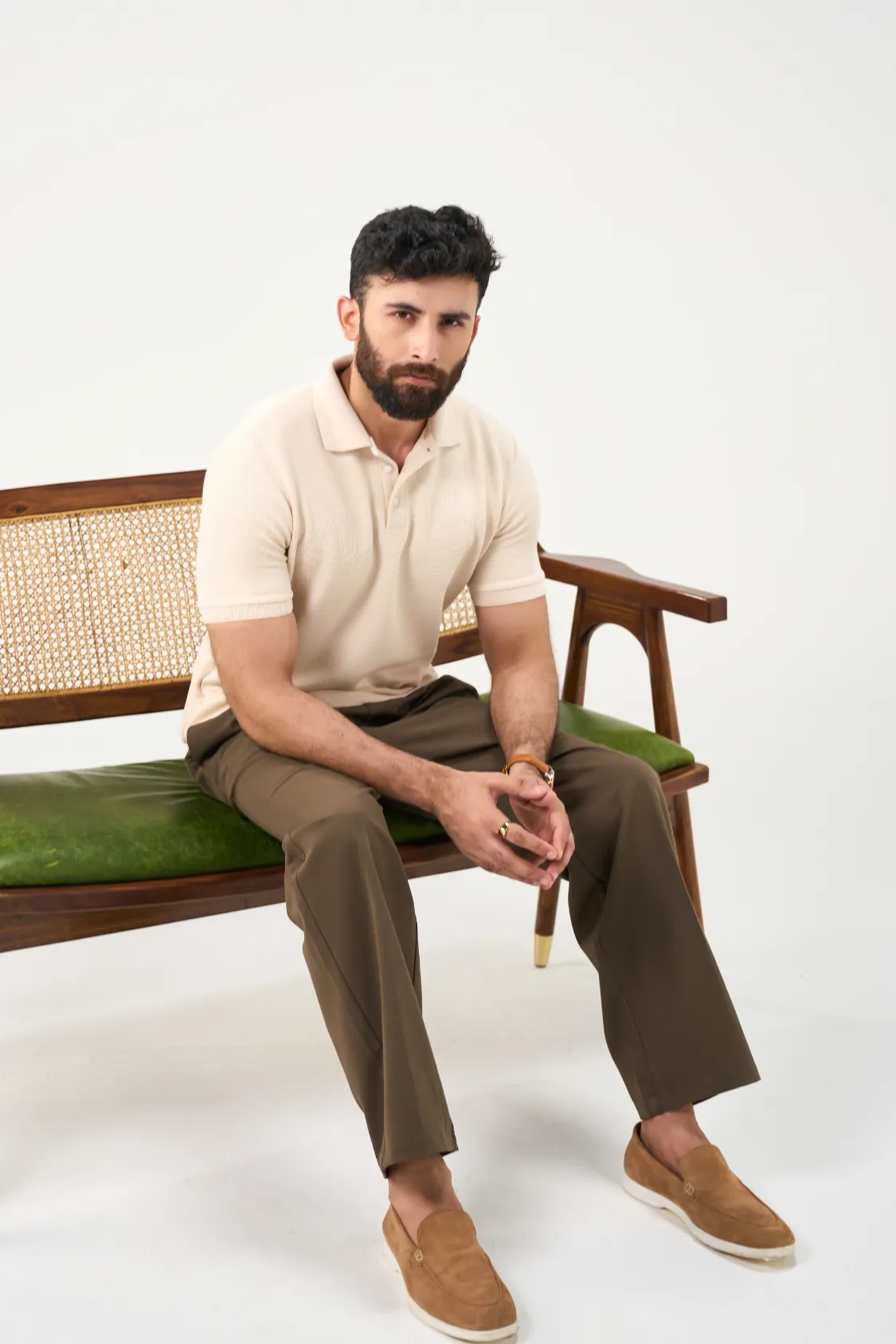 Diamond Texture Polo Shirt - Cream - Image 7