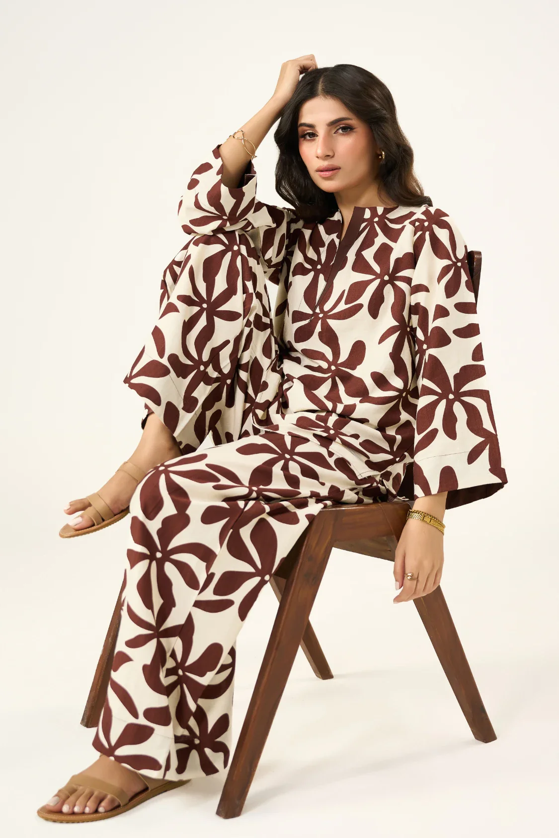 Flora Linen Co-Ord Set - Brown & Cream - Image 7