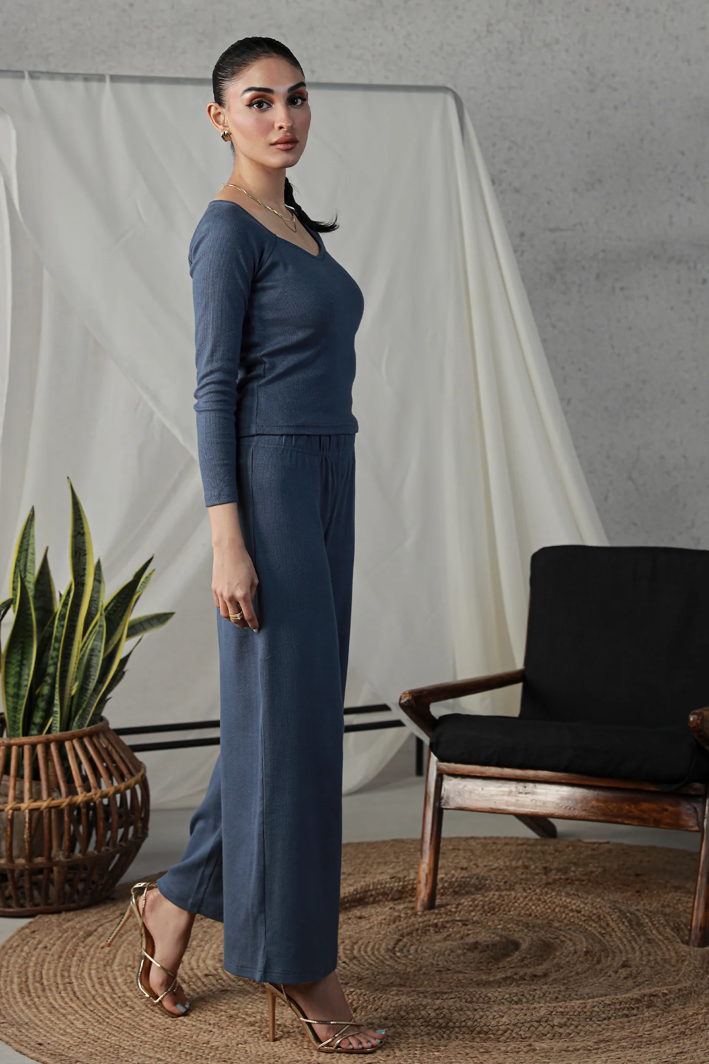 Rib Wide Leg Pants - Indigo - Image 5