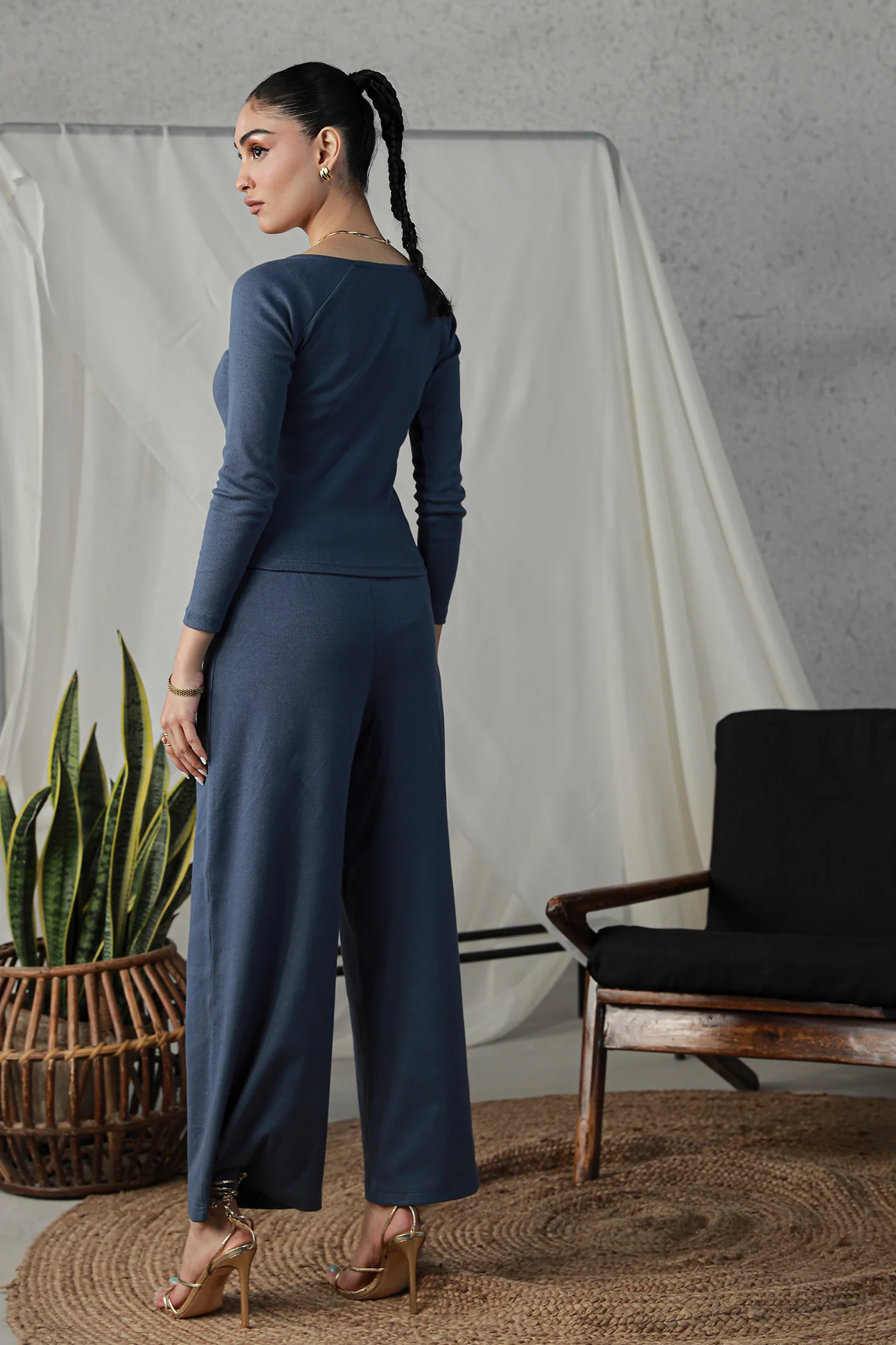 Rib Wide Leg Pants - Indigo - Image 6