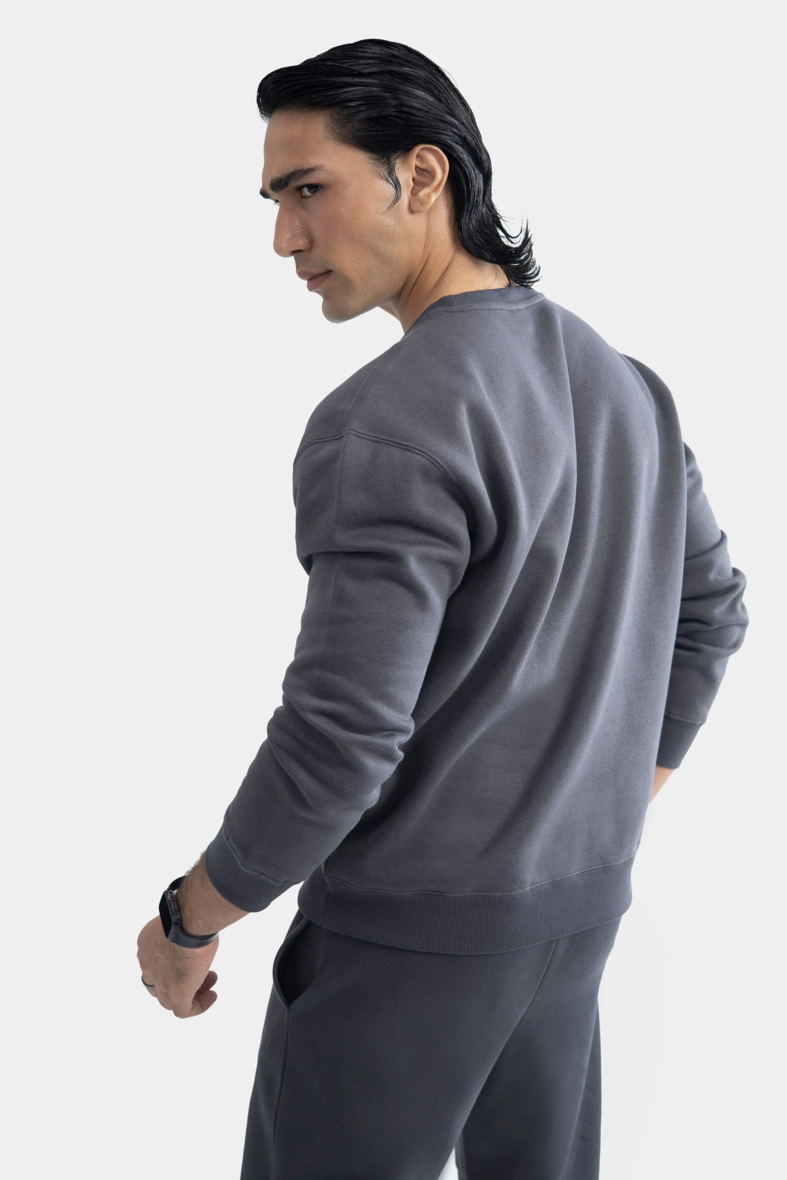 Drop Shoulder Embroidered Sweatshirt – Charcoal - Image 3
