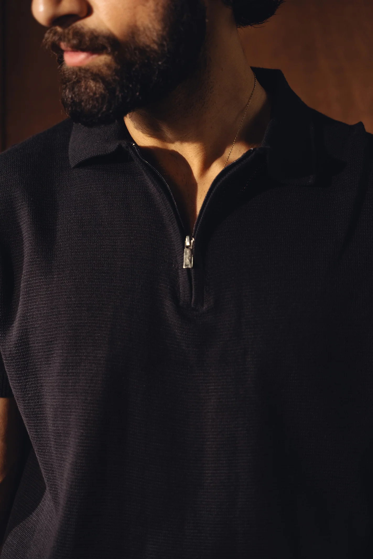Fine Knit Zipper Polo Shirt – Black - Image 2