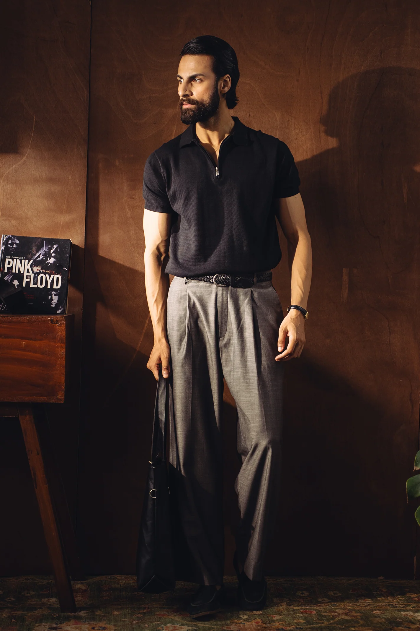 Fine Knit Zipper Polo Shirt – Black - Image 3