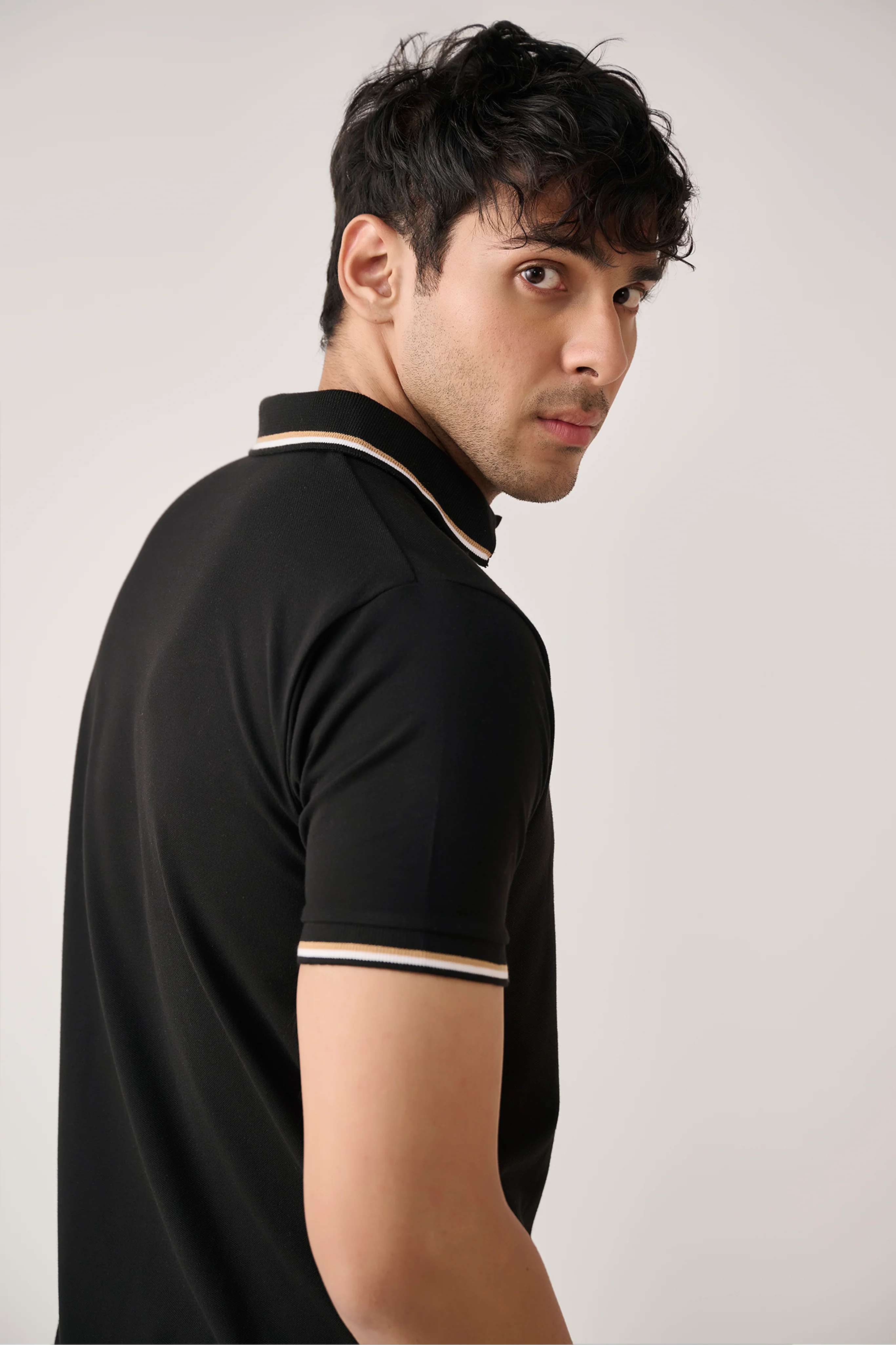 Pique Polo Shirt with Stripe Collar – Black - Image 4