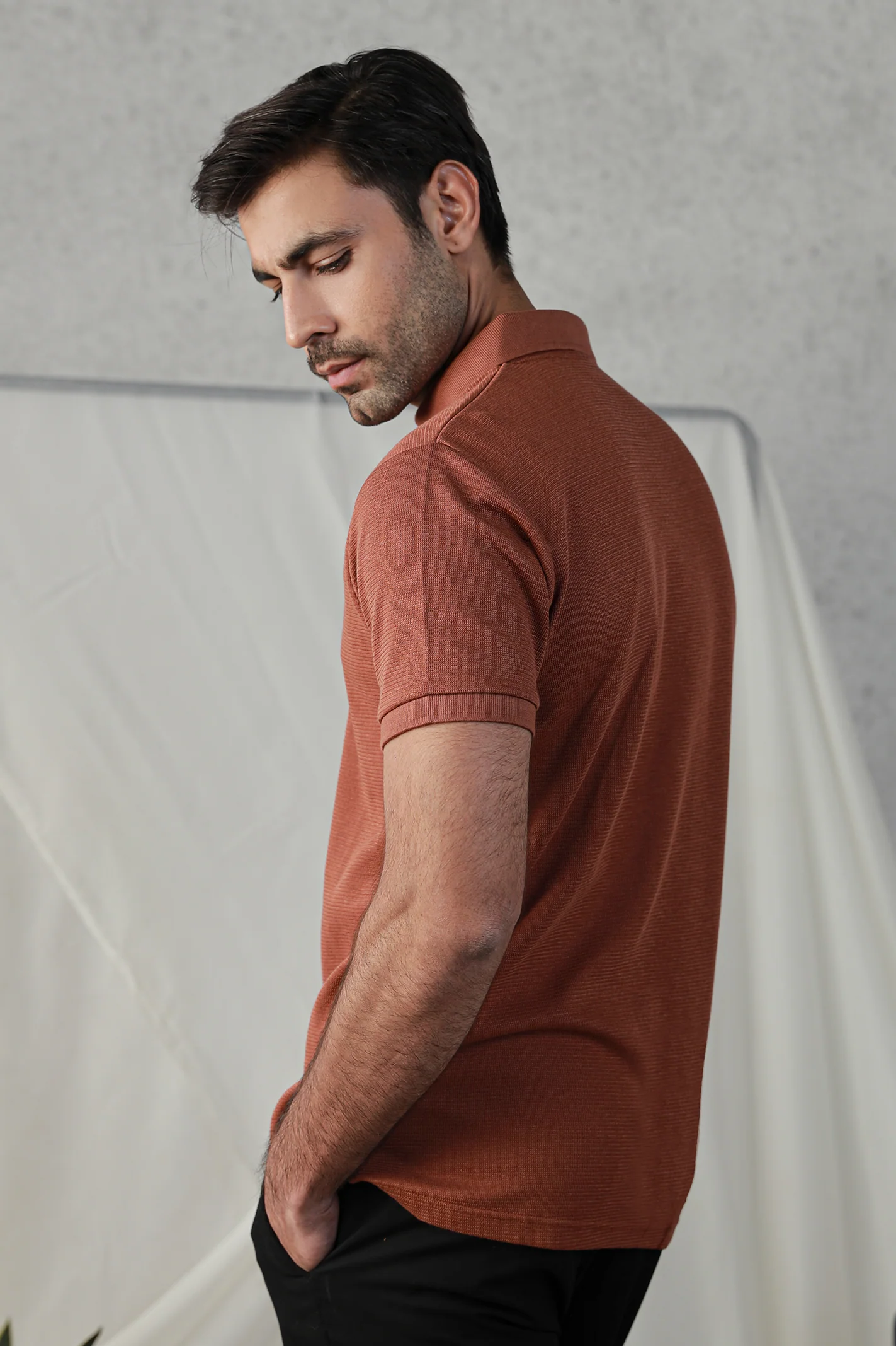 Textured Polo Shirt – Rust - Image 3
