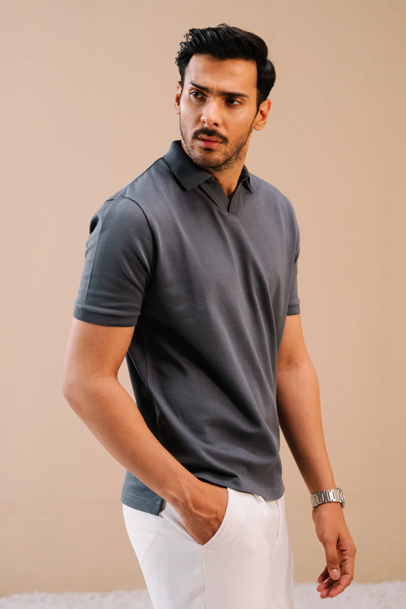 Textured Popcorn Polo Shirt – Greyish Blue - Image 3