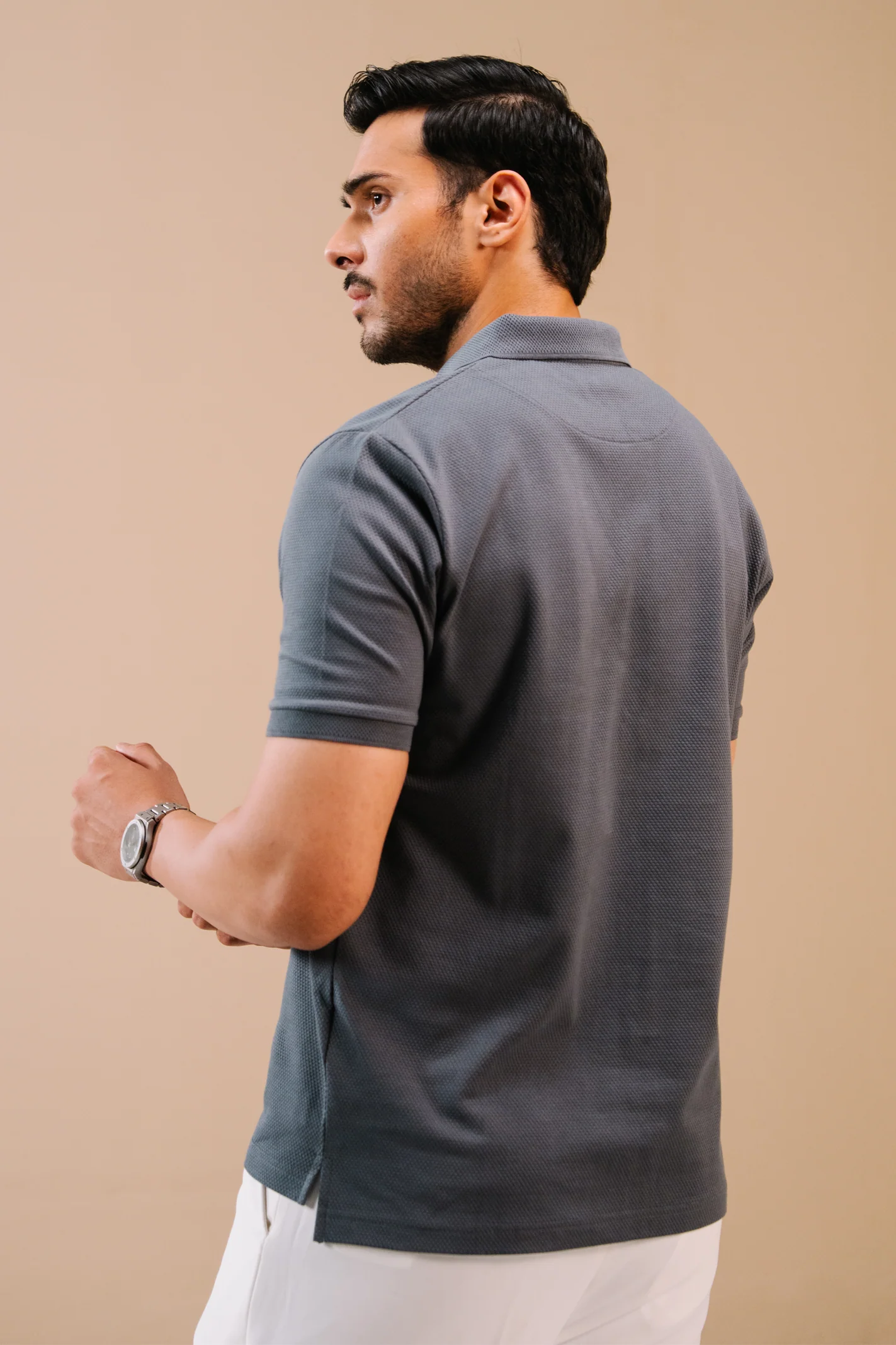 Textured Popcorn Polo Shirt – Greyish Blue - Image 4