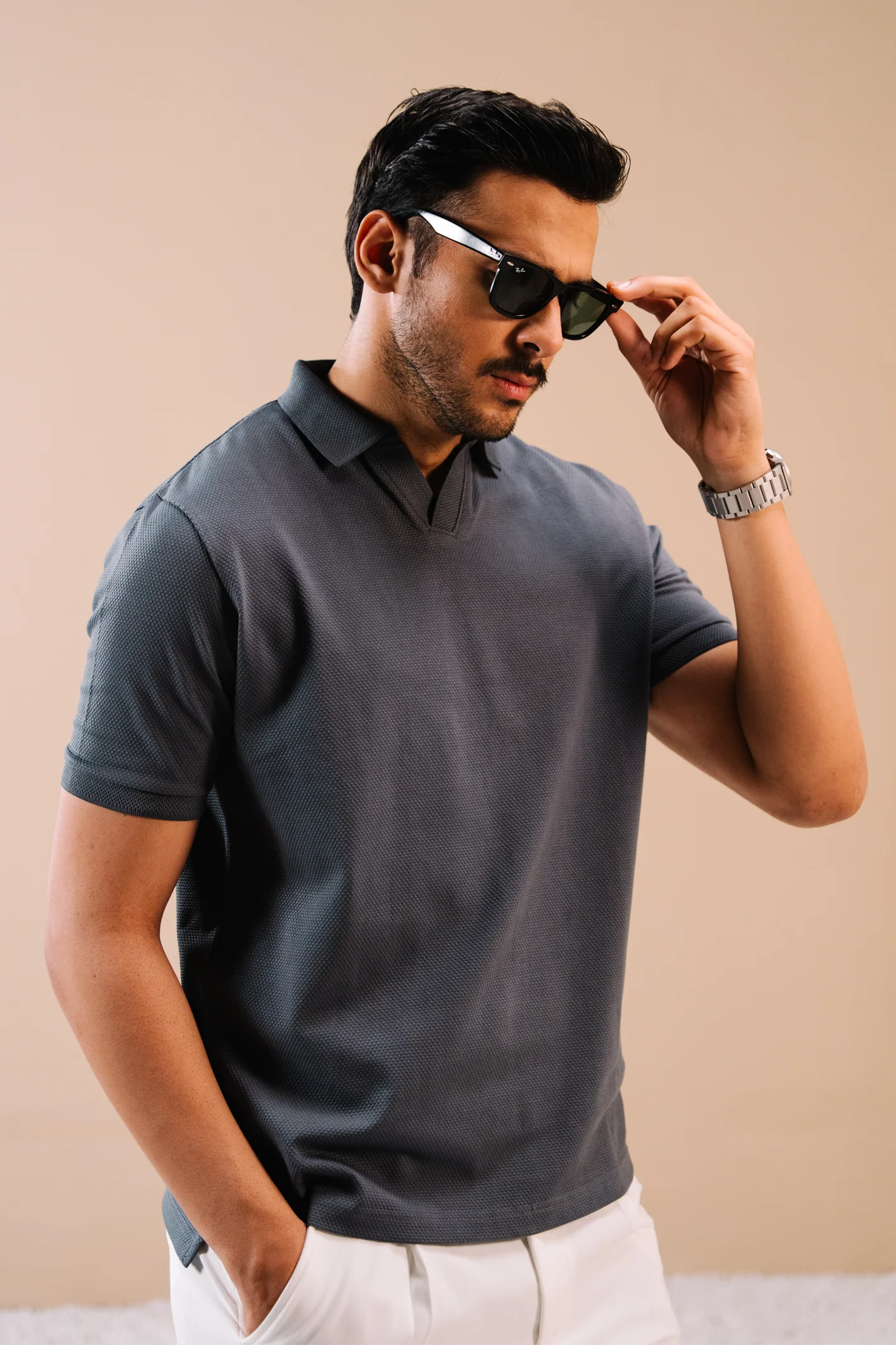 Textured Popcorn Polo Shirt – Greyish Blue - Image 6