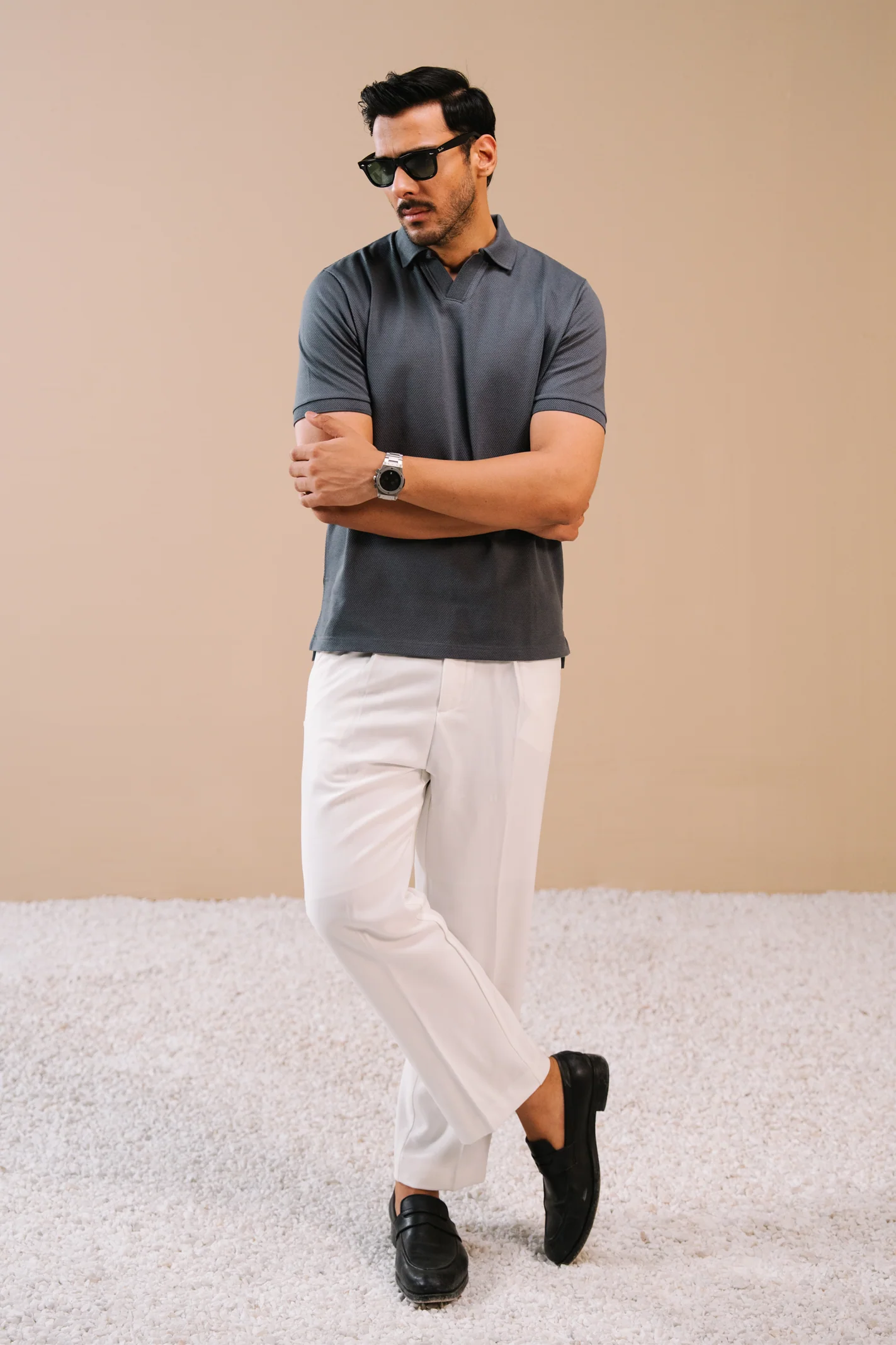 Textured Popcorn Polo Shirt – Greyish Blue - Image 7