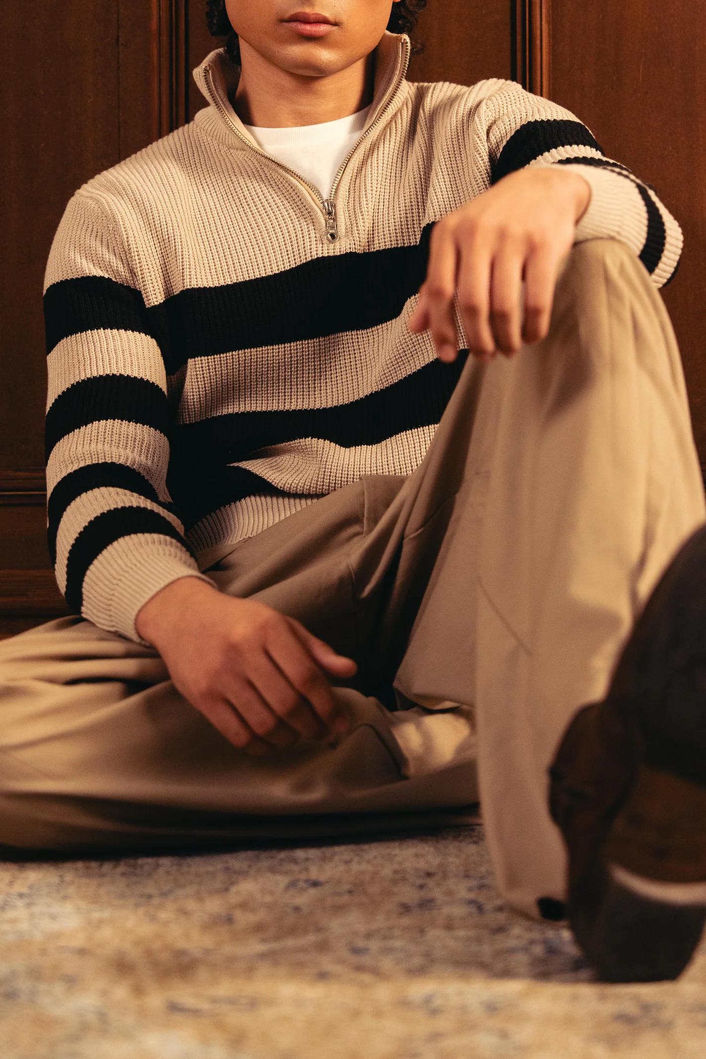 Quarter Zip Stripped Sweater – Cream and Black - Image 4