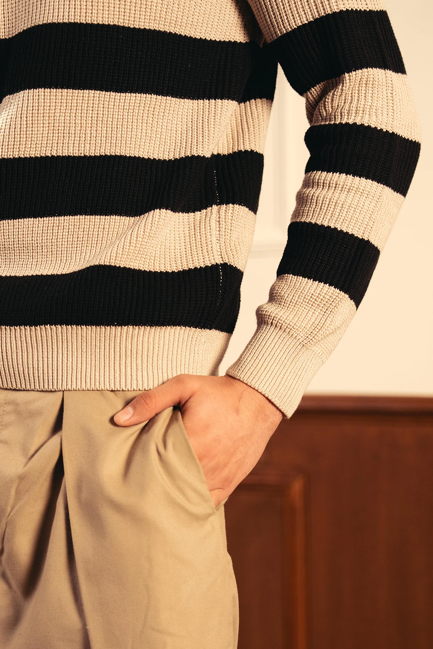 Quarter Zip Stripped Sweater – Cream and Black - Image 5