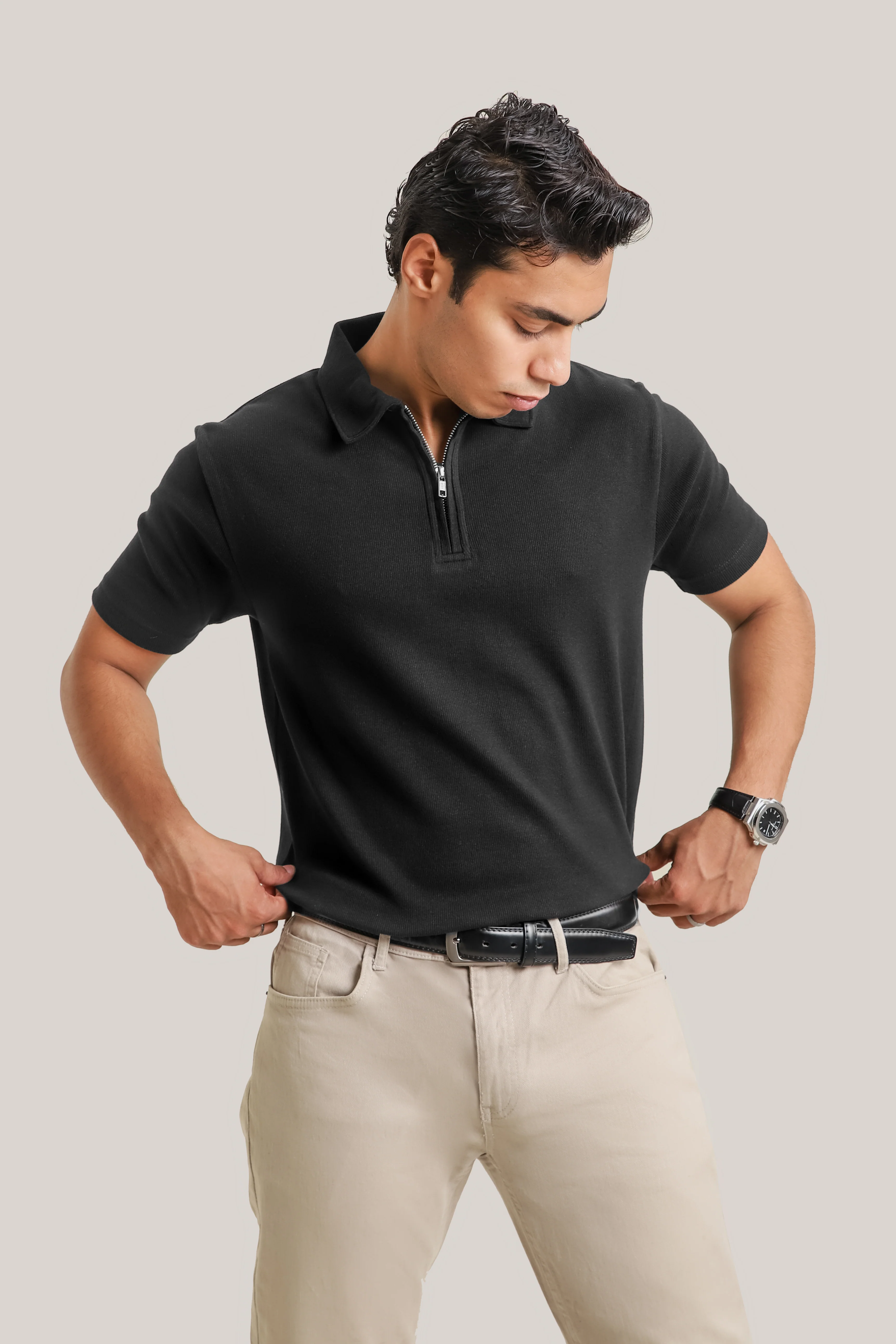 Rib textured zipper polo - Black