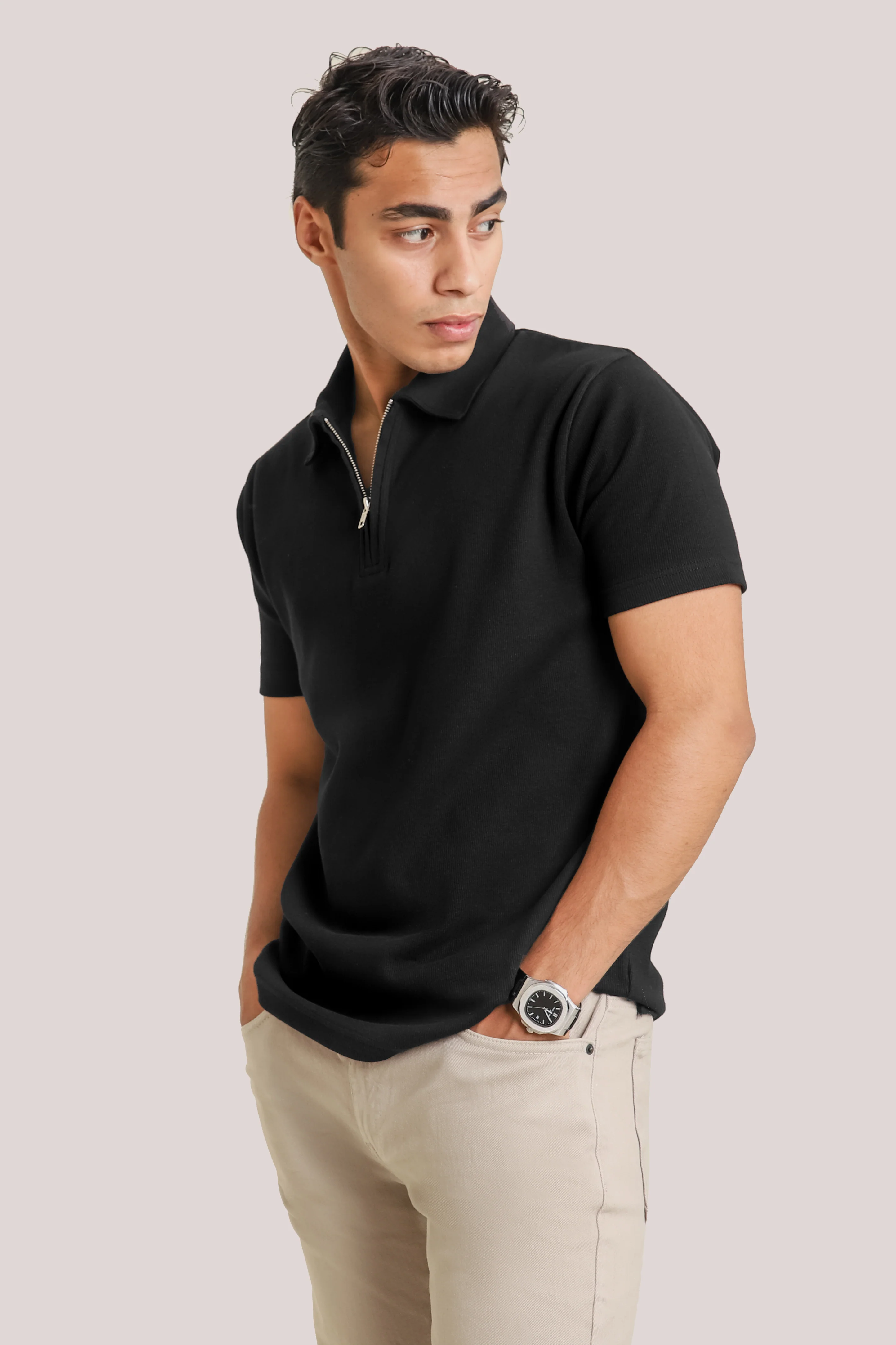 Rib textured zipper polo - Black - Image 2