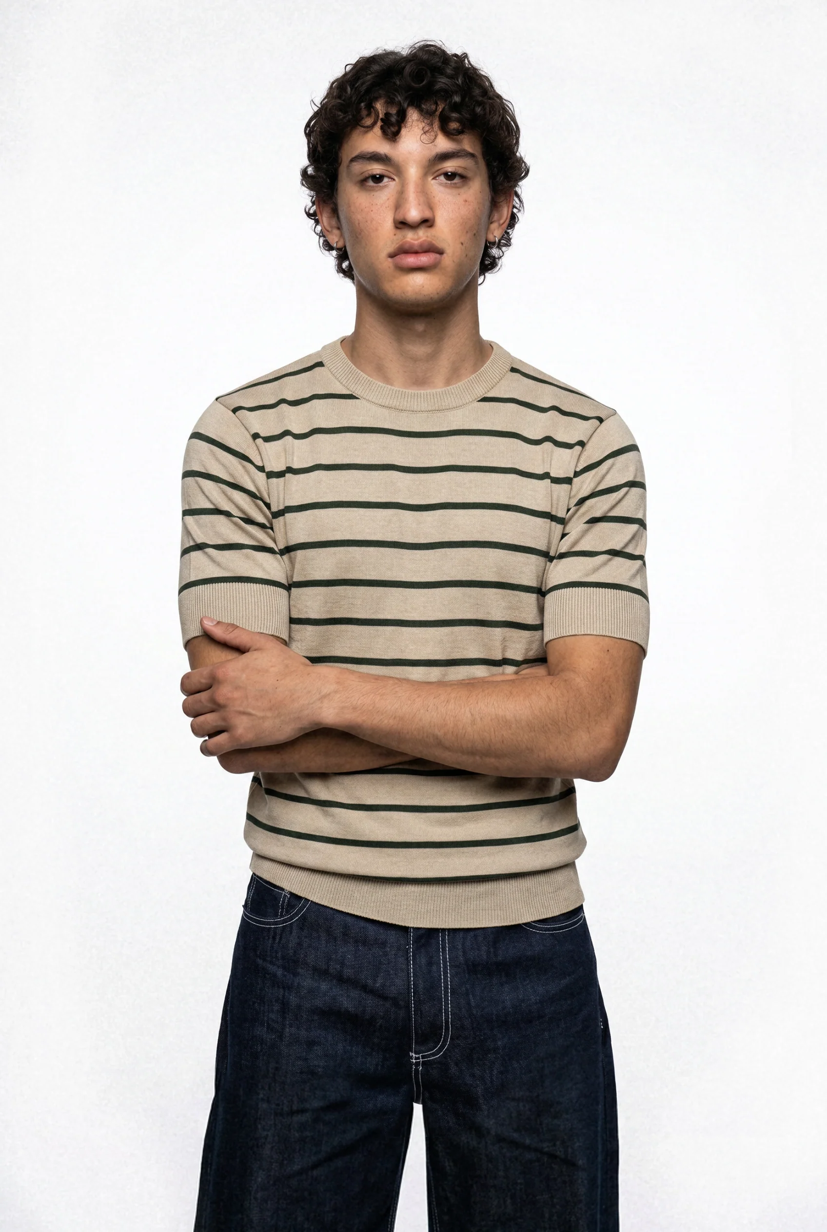 Men Soft Knit Stripe Tee - Cream and Green