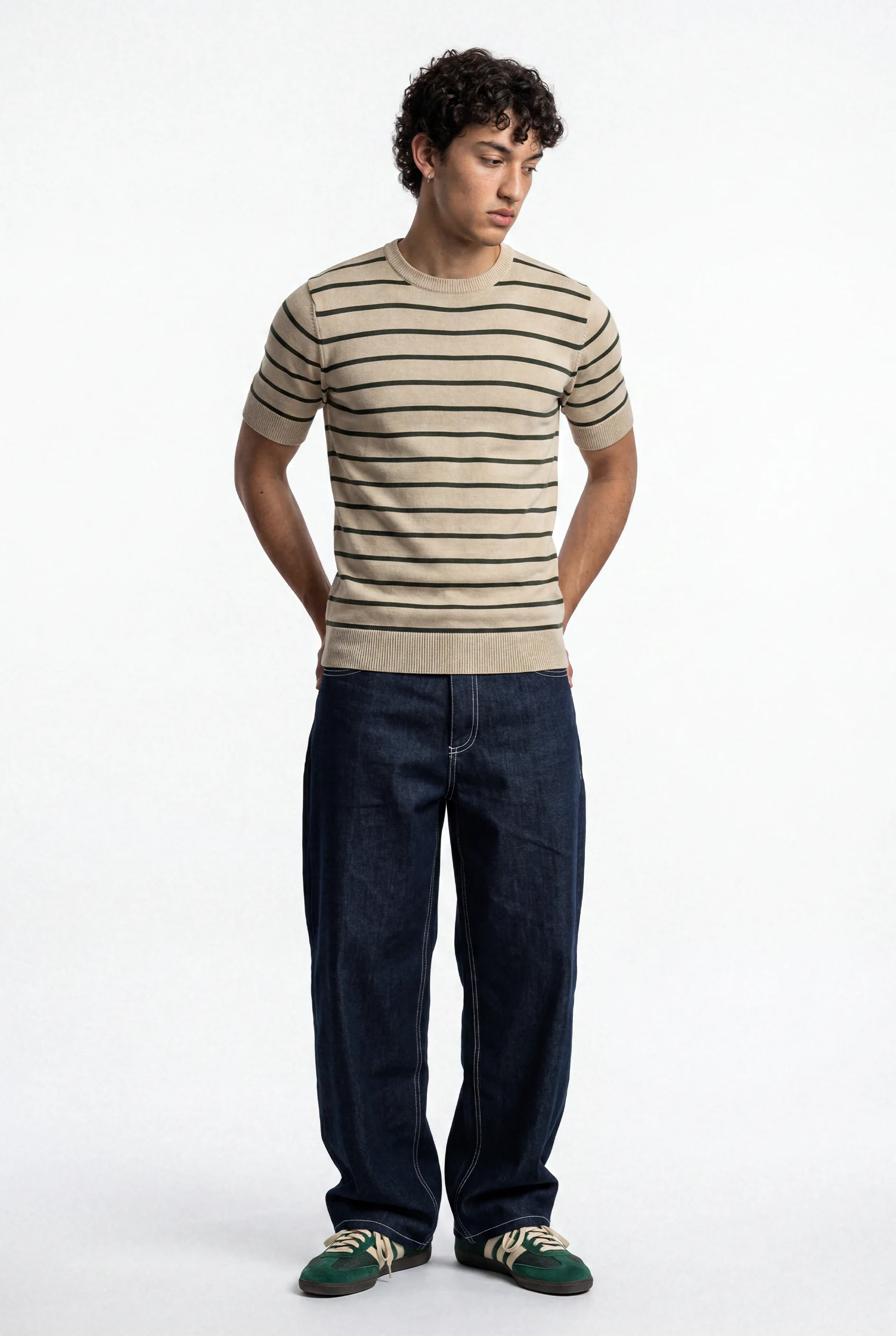 Men Soft Knit Stripe Tee - Cream and Green - Image 2