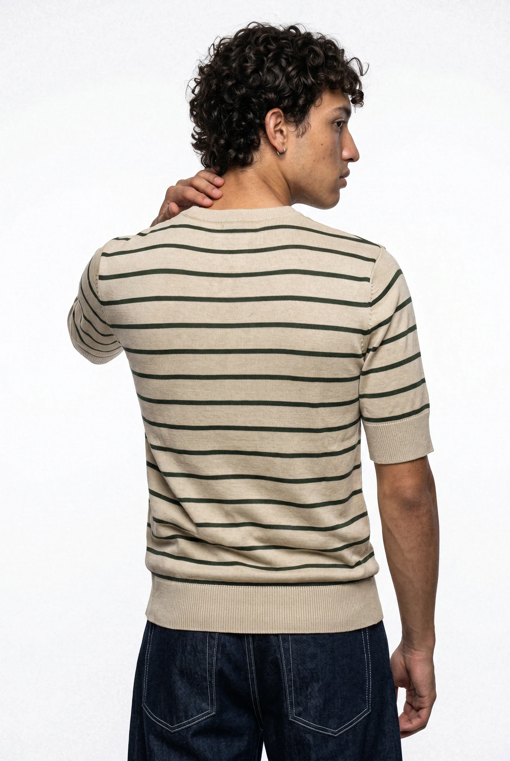 Men Soft Knit Stripe Tee - Cream and Green - Image 3